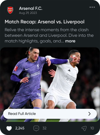 Feed post card showing a match recap article with image and engagement counts