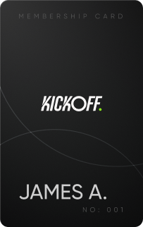 Dark membership card with Kickoff logo and supporter name