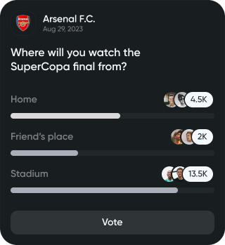 Kickoff fan app poll card with three options and live vote counts
